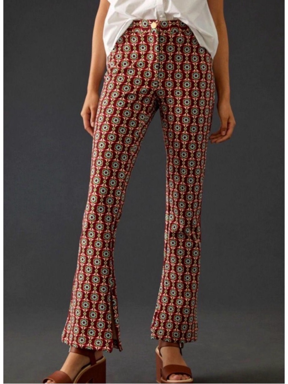 Anthropologie Burgundy Geometric Flare Pants